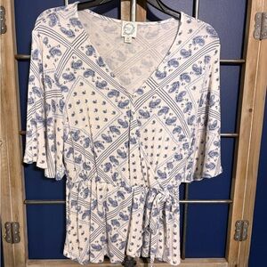 Blue Rain V-Neck Blouse with Blue and Cream Paisley
